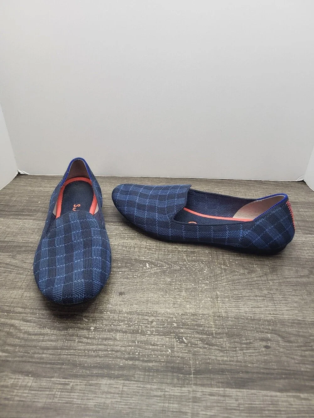 Rothy's The Flat Retired Navy Orange Plaid Luxury Ballet Flats Loafers Women's 8